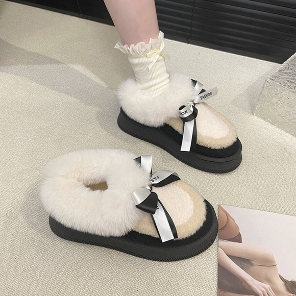 Plush Faux Fur Platform Chunky Bow Slipper Ankle Boots Fuzzy Slip-on Lug Shoes - Picture 3 of 10